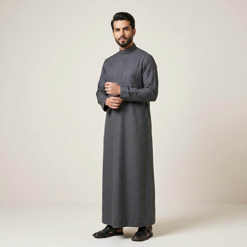 Traditional Charcoal Grey Mens Cashmere Wool Thobe