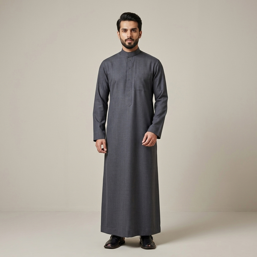 Traditional Charcoal Grey Mens Cashmere Wool Thobe