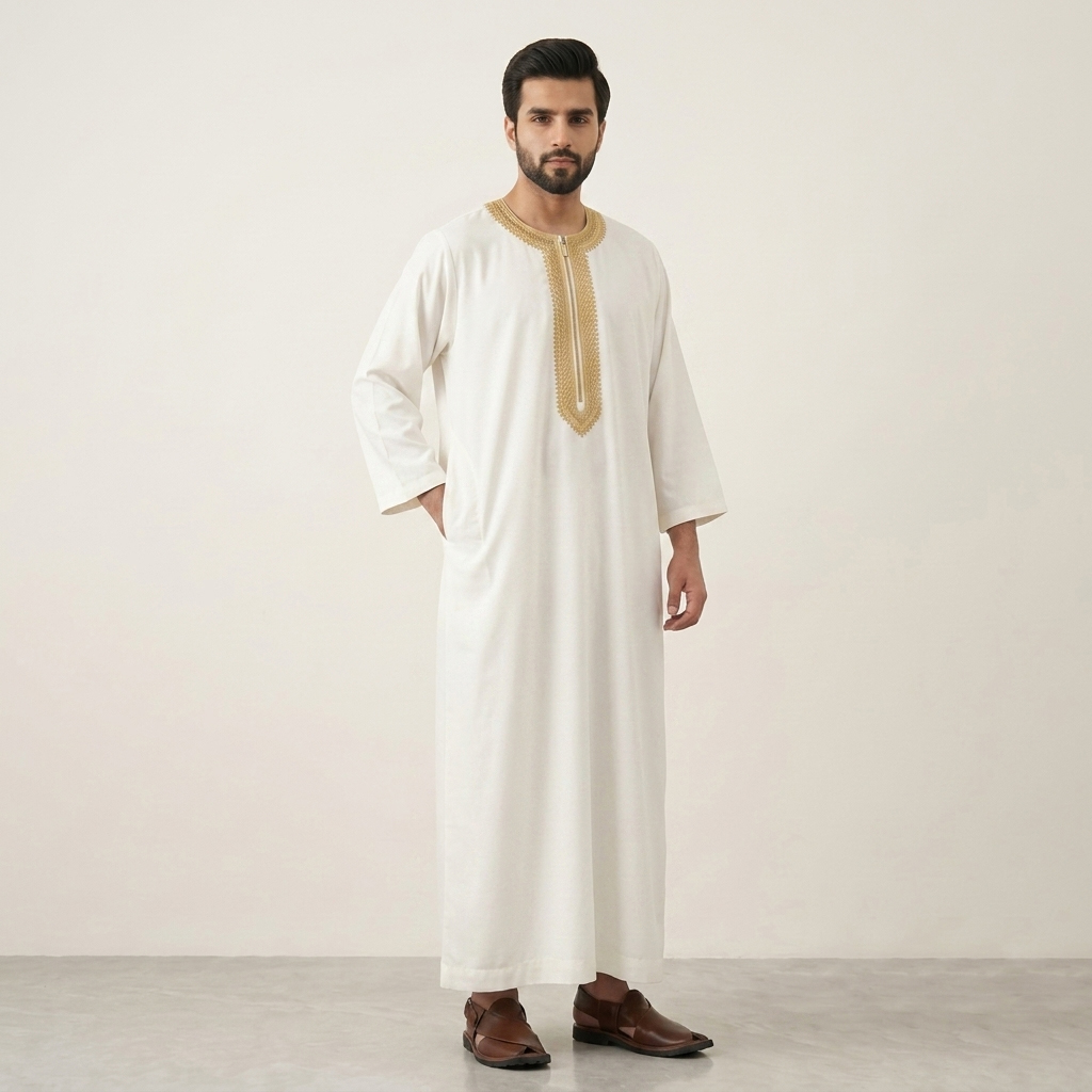 Traditional Embroidered White and Gold Moroccan Thobe Traditional Embroidered White and Gold Moroccan Thobe