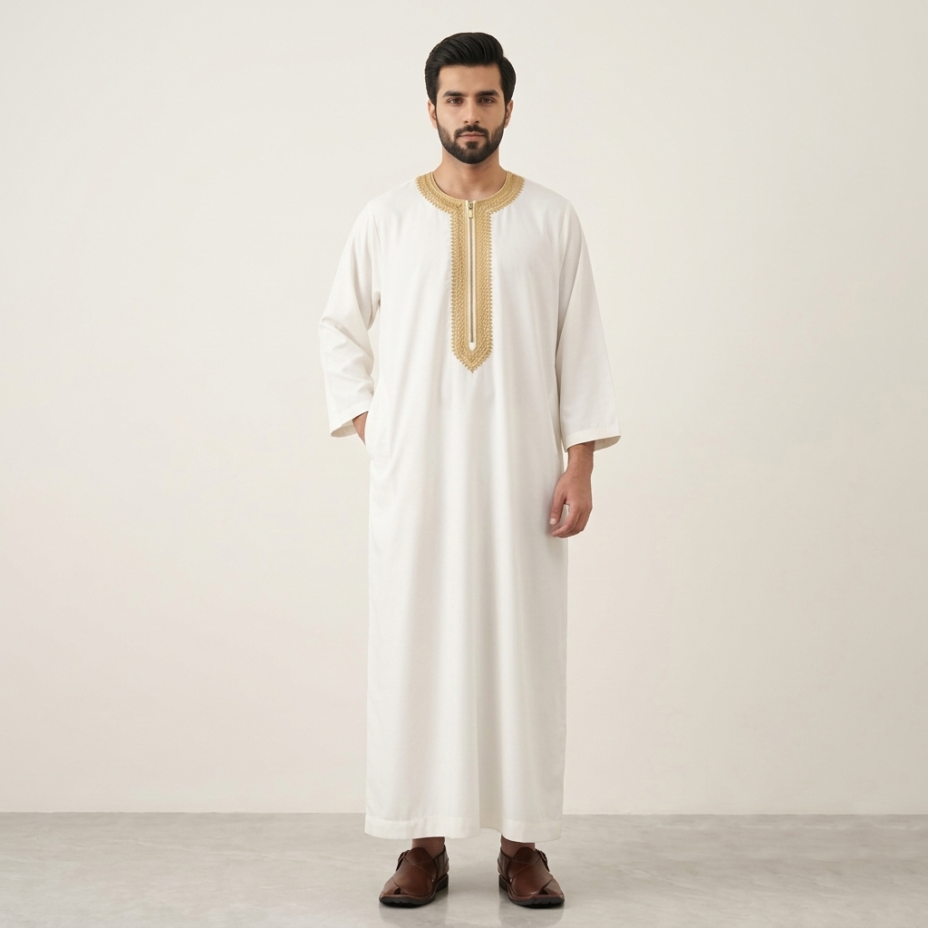 Traditional Embroidered White and Gold Moroccan Thobe