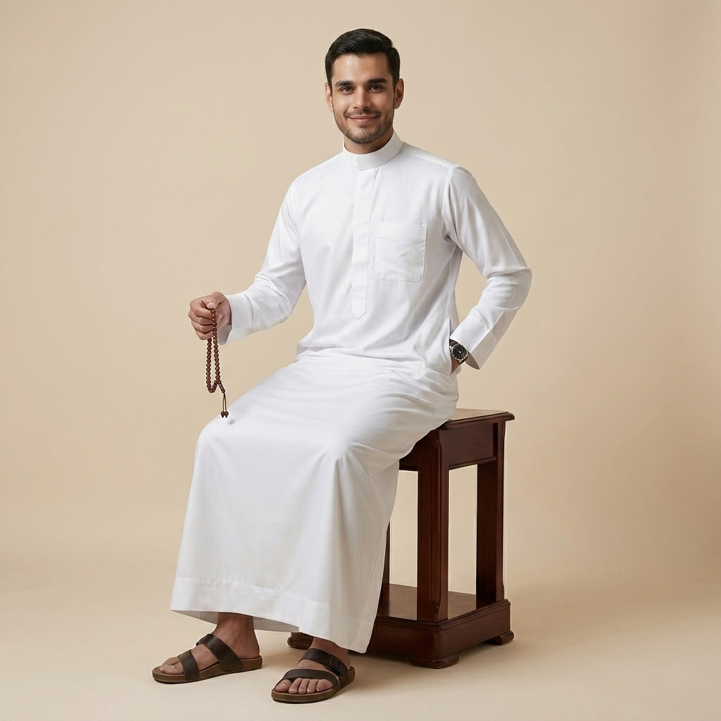 Traditional White Arabic Style Mens Silk Thobe