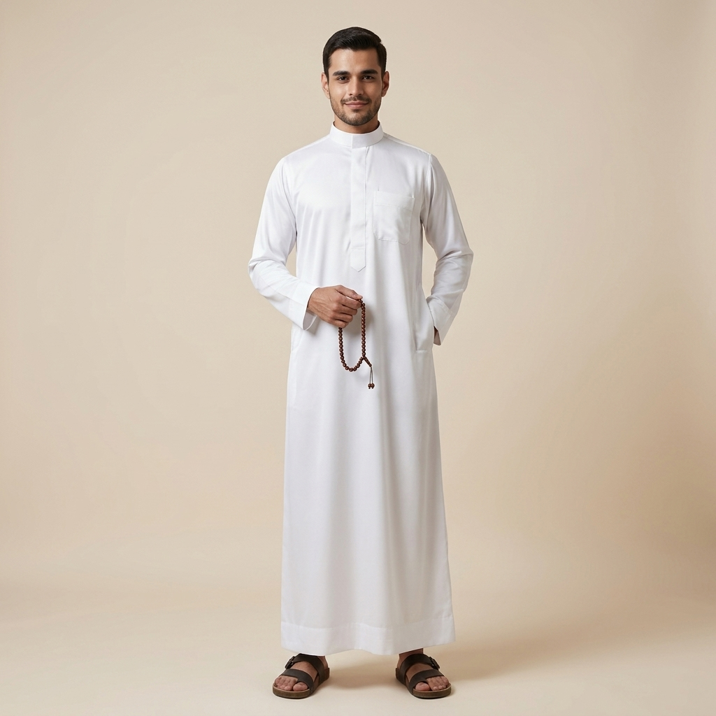 Traditional White Arabic Style Mens Silk Thobe