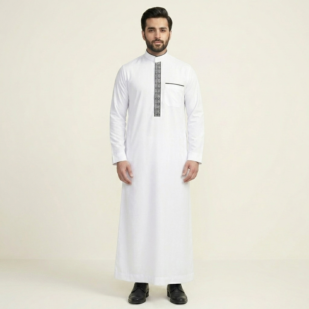 Traditional White Mens Embroidered Thobe