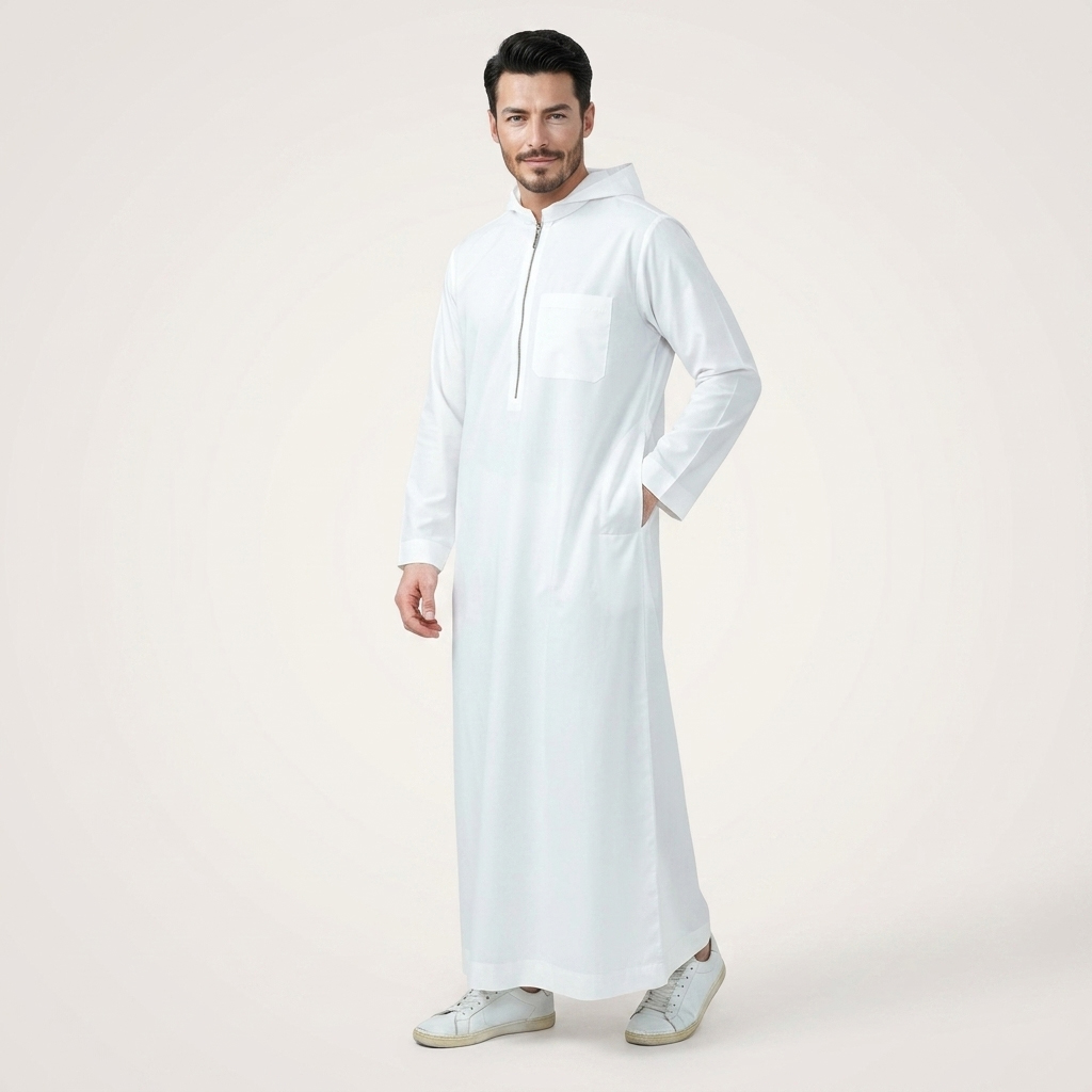 Traditional White Mens Hooded Thobe with Chest Pocket