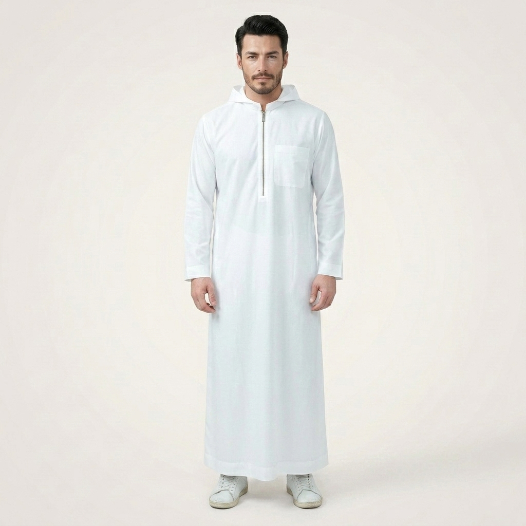 Traditional White Mens Hooded Thobe with Chest Pocket