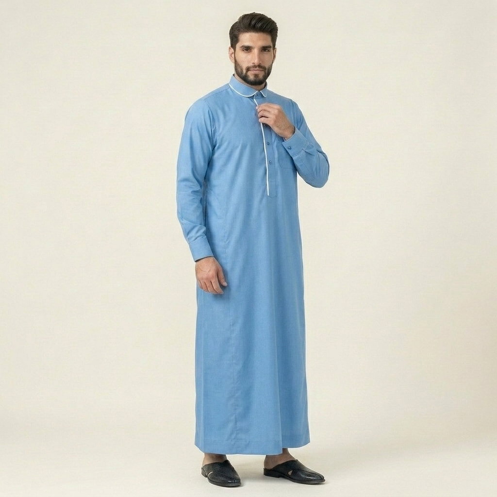 White Contrast Piping Sky Blue Mens Thobe