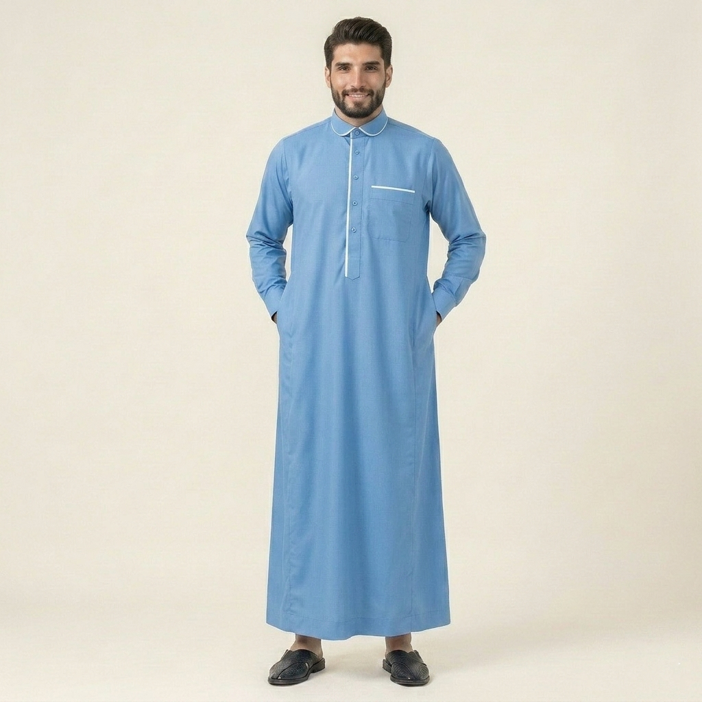 White Contrast Piping Sky Blue Mens Thobe