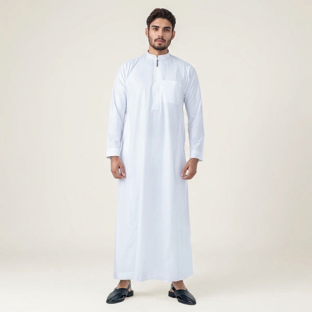 Zip-Neck Style White Thobe for Men Zip-Neck Style White Thobe for Men