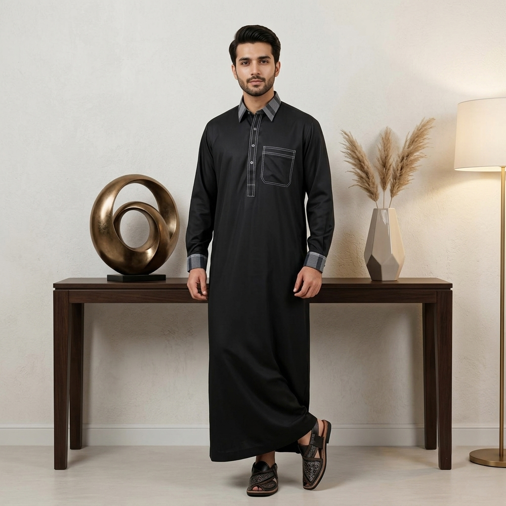Black Designer Silk Mens Thobe