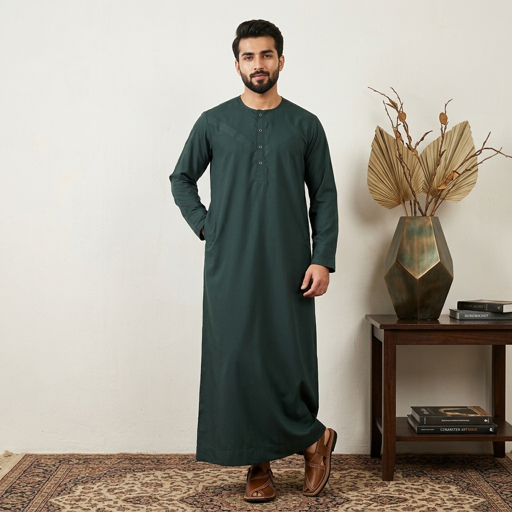 Deep Pine Green Omani Style Mens Thobe Deep Pine Green Omani Style Mens Thobe