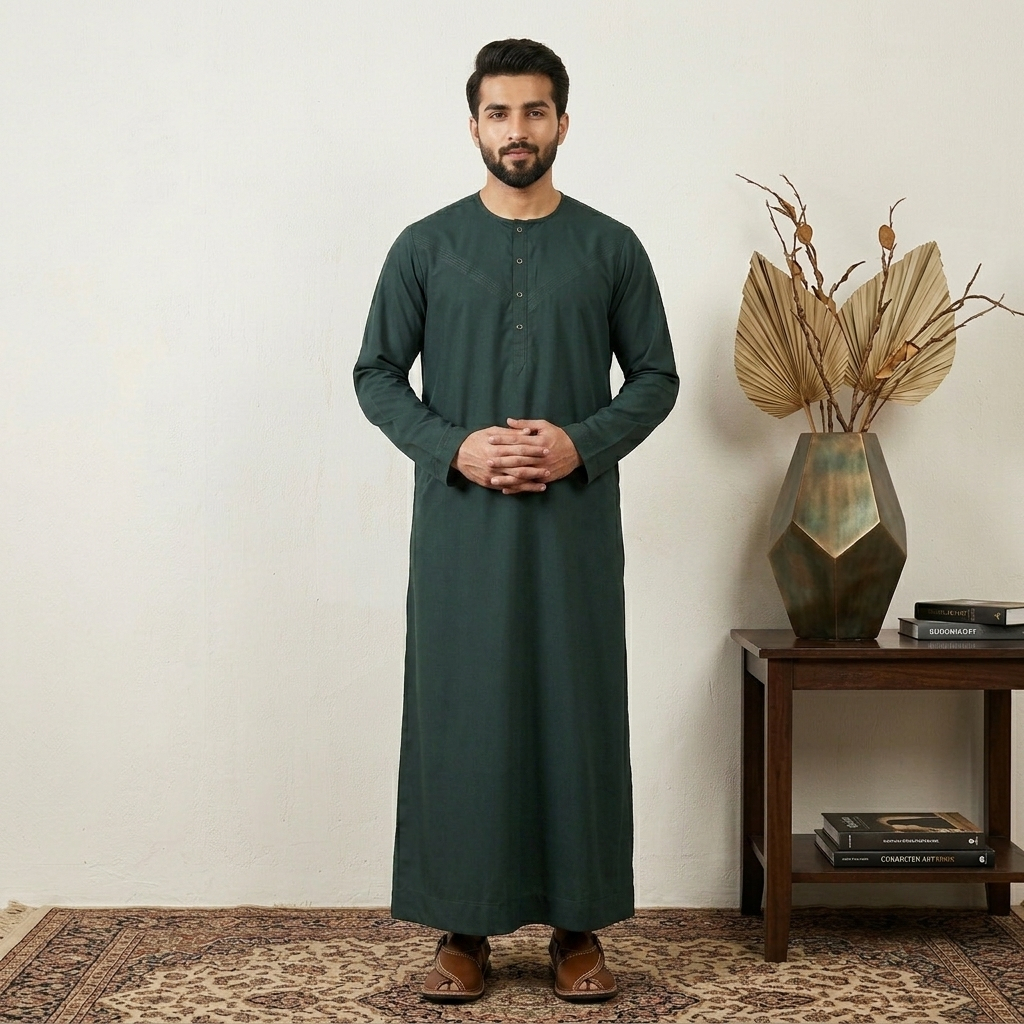 Deep Pine Green Omani Style Mens Thobe Deep Pine Green Omani Style Mens Thobe