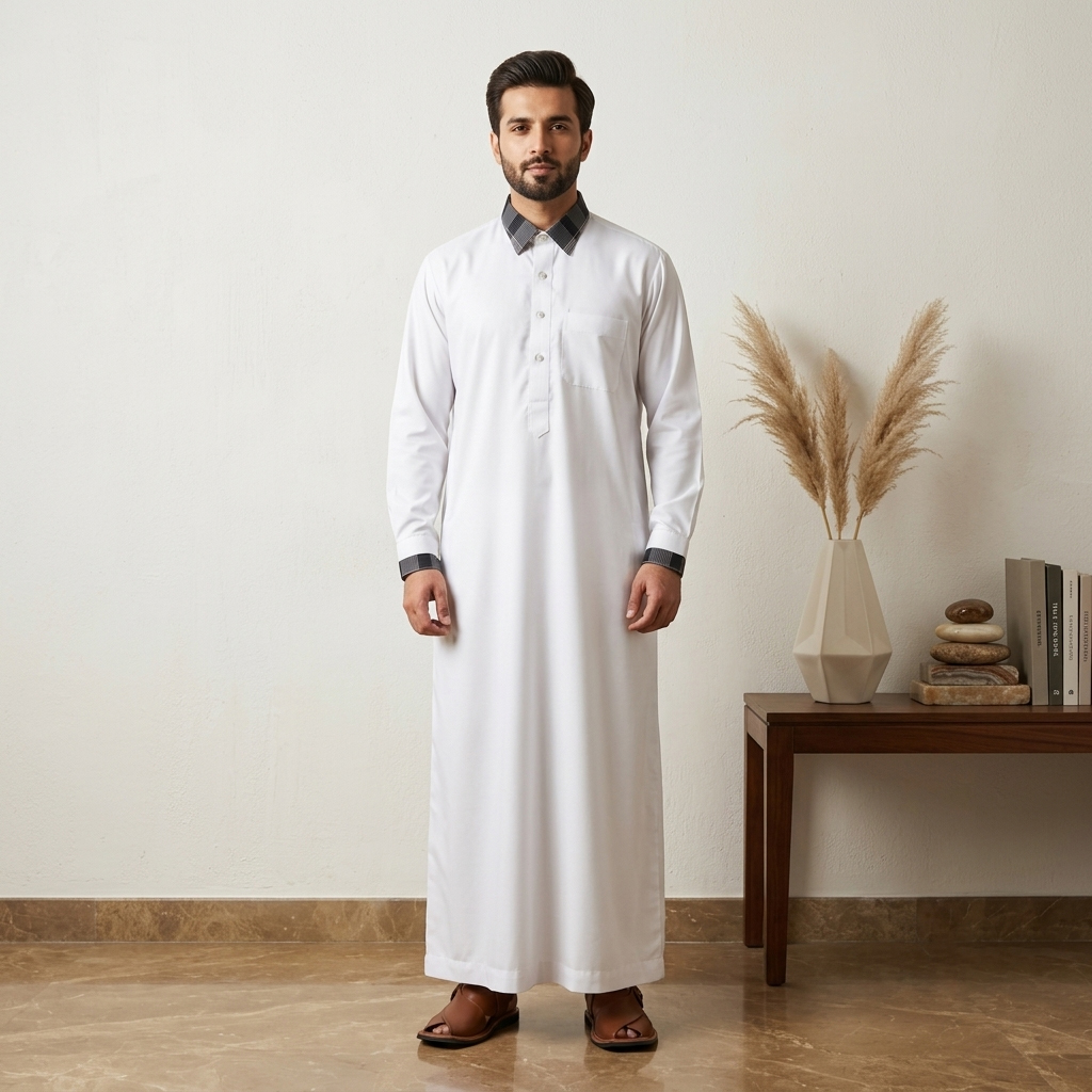 Modern Kuwaiti Designer Men's White Thobe