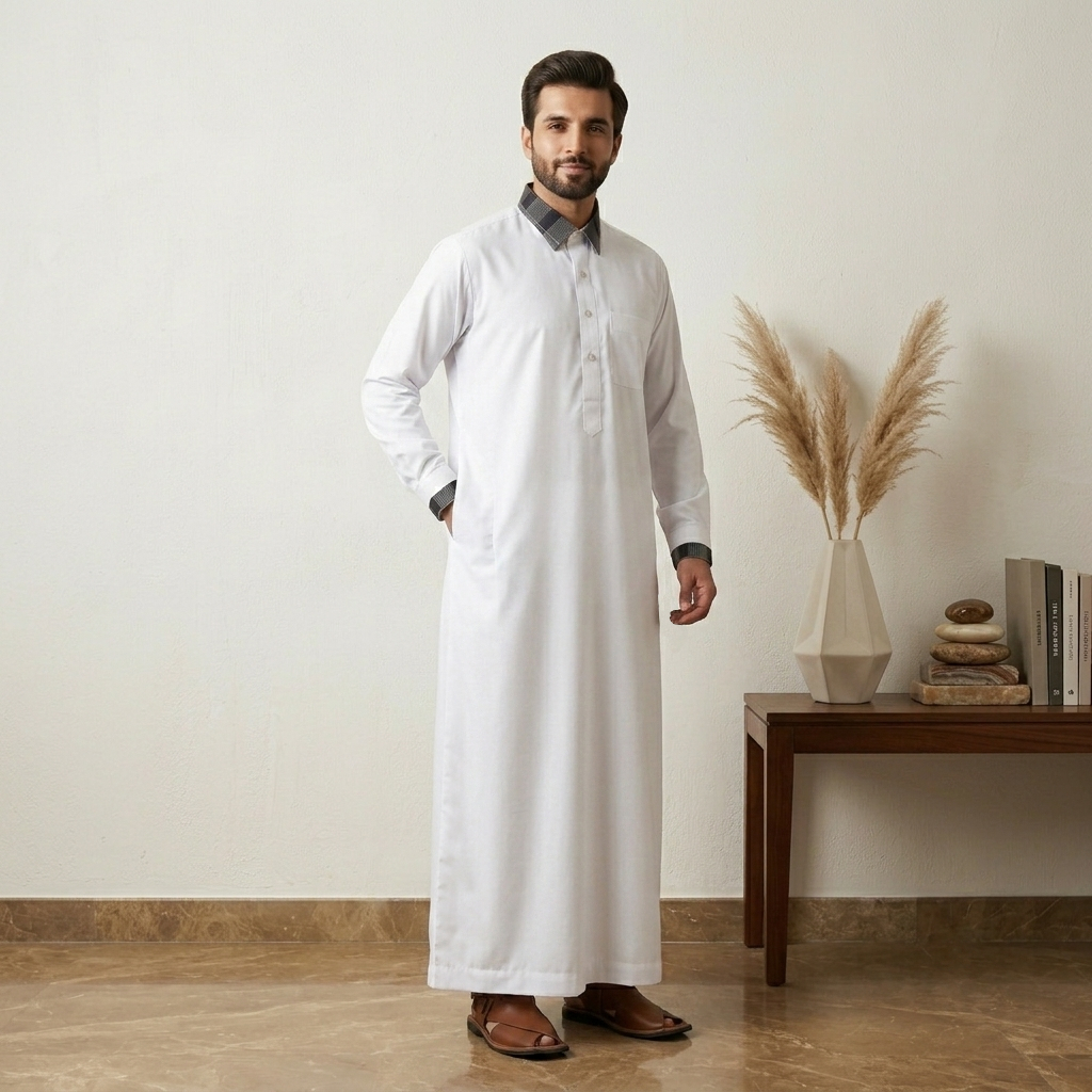Modern Kuwaiti Designer Men's White Thobe
