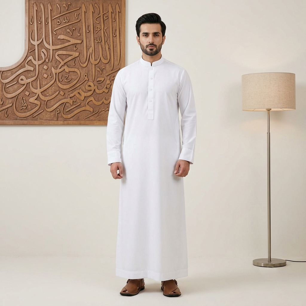 Traditional Saudi Style White Thobe for Men