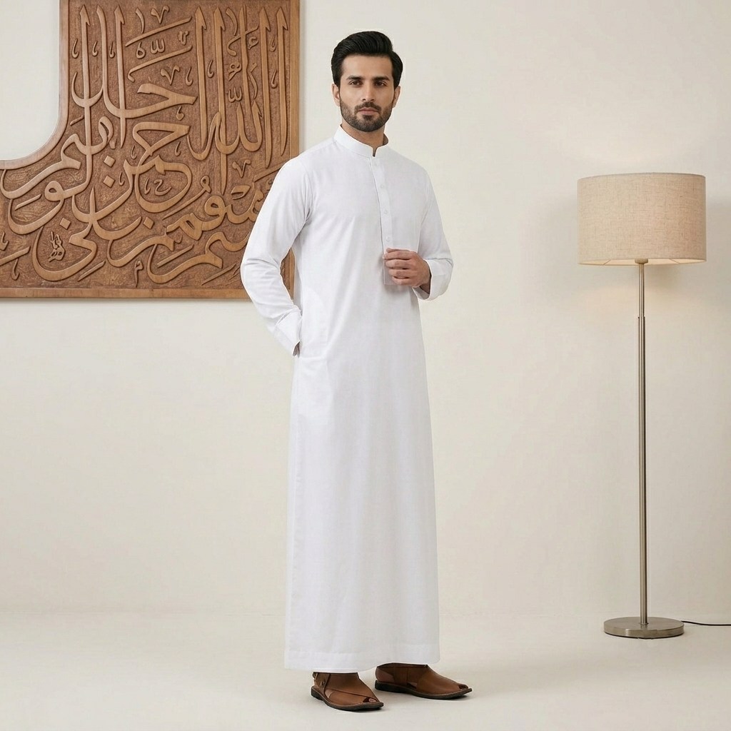 Traditional Saudi Style White Thobe for Men