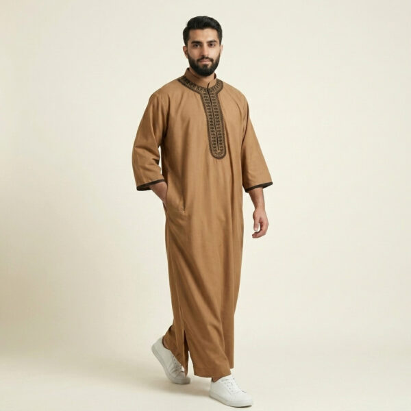 Camel Tan Embroidered Men's Moroccan Thobe
