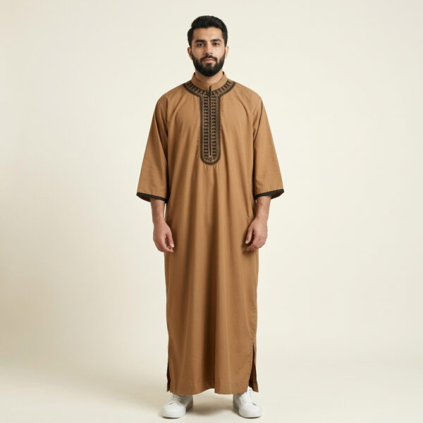 Camel Tan Embroidered Men's Moroccan Thobe