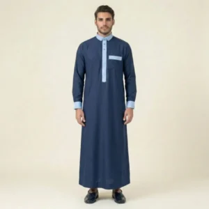 Desgner Navy Blue Mens Thobe with Sky Contrast USA