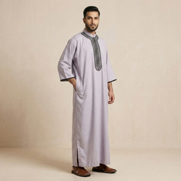 Dusty Lavender Embroidered Moroccan Thobe for Men