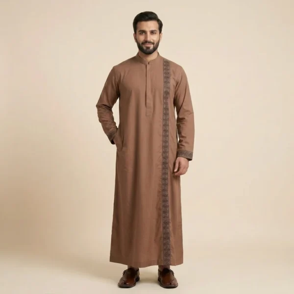 Earth Brown Arabic Style Mens Embroidered Thobes USA