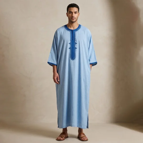 Embroidered Contrast Light Blue Moroccan Thobe For Men USA