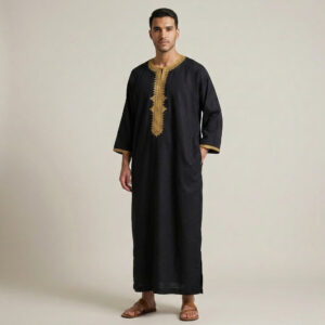 Executive-Black-with-Gold-Moroccan-Thobe-for-Men.jpeg Executive Black with Gold Moroccan Thobe for Men