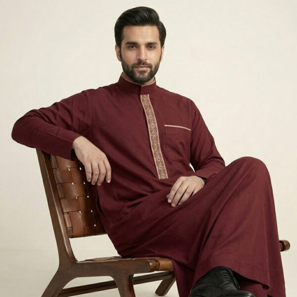 Executive Maroon Men's Embroidered Thobe