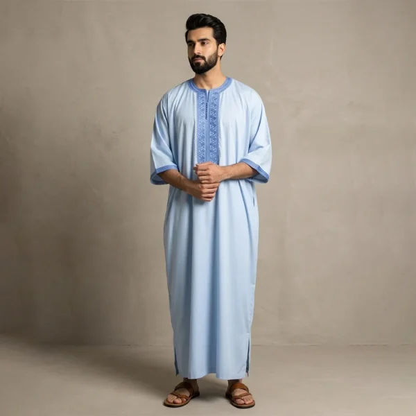 Mens Embroidered Light Blue Moroccan Thobe USA Mens Embroidered Light Blue Moroccan Thobe USA