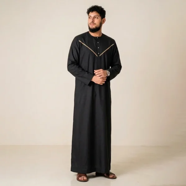 Mens Omani Style Black and Gold Thobe USA