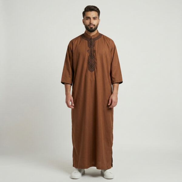 Modern-Brown-Bear-Embroidered-Moroccan-Thobes-for-Men.jpg Modern Brown Embroidered Moroccan Thobe for Men