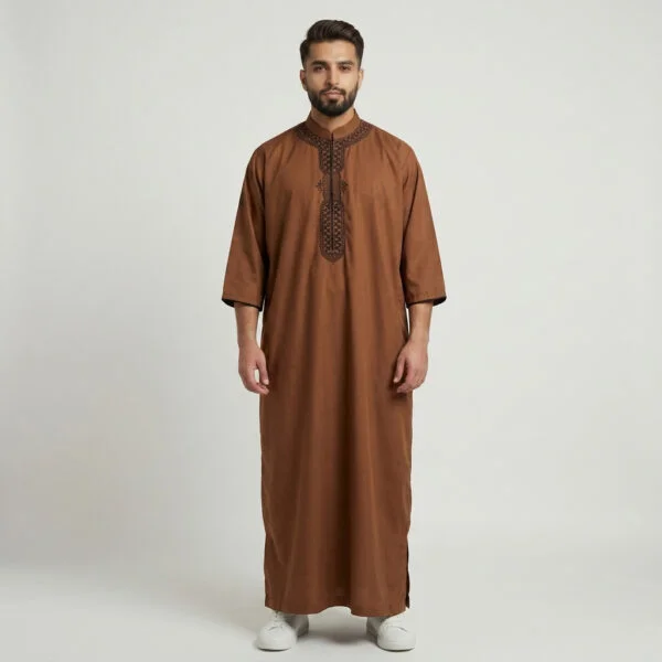 Modern Brown Bear Embroidered Moroccan Thobes for Men USA Modern Brown Bear Embroidered Moroccan Thobes for Men USA