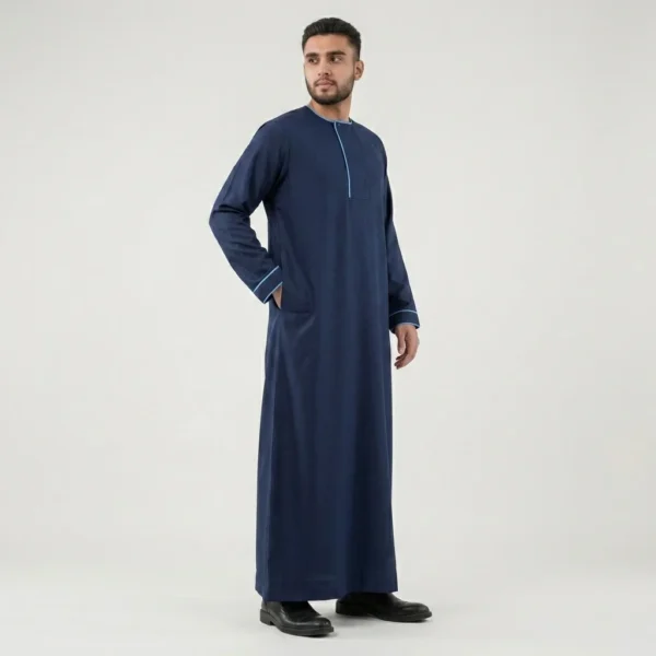 Modern Contrast Piping Navy Blue Mens Thobes USA