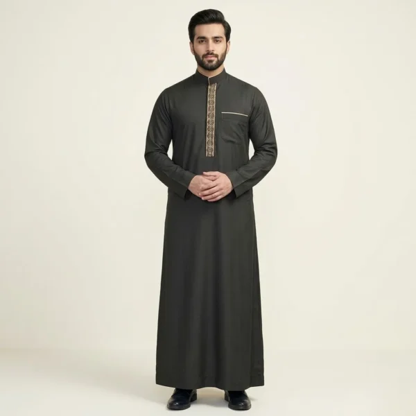 Modern Saudi Embroidered Black Gold Thobe USA Modern Saudi Embroidered Black Gold Thobe USA