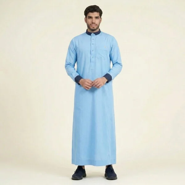 Navy Contrast Collar Cuffs Sky Blue Thobes USA Navy Contrast Collar Cuffs Sky Blue Thobes USA