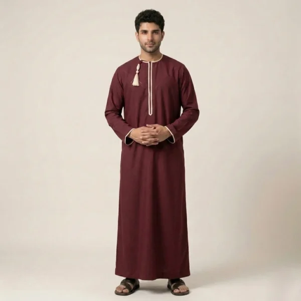 Omani Tassel Detail Mens Maroon Thobe USA Omani Tassel Detail Mens Maroon Thobe USA