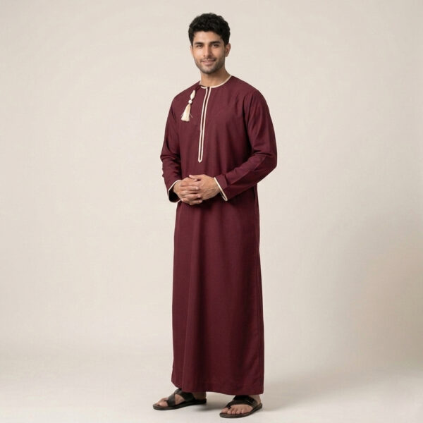Omani-Tassel-Detail-Mens-Maroon-Thobes-2.jpeg Omani Tassel Detail Men's Maroon Thobe