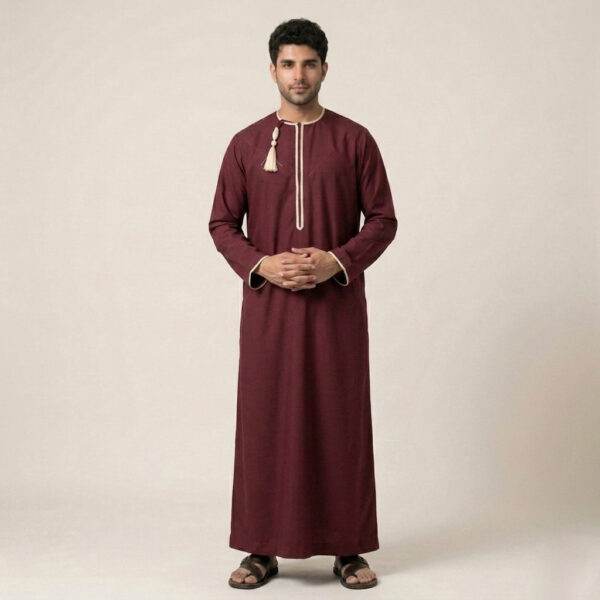 Omani-Tassel-Detail-Mens-Maroon-Thobes.jpeg Omani Tassel Detail Men's Maroon Thobe