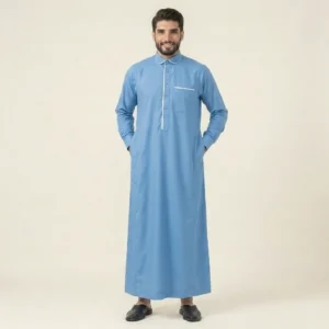 Premium Mens Ice Blue Thobe with White Piping USA