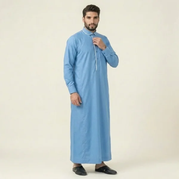 Premium Men’s Ice Blue Thobe with White Piping