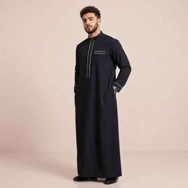 Saudi Style Mens Black and Gold Thobe USA