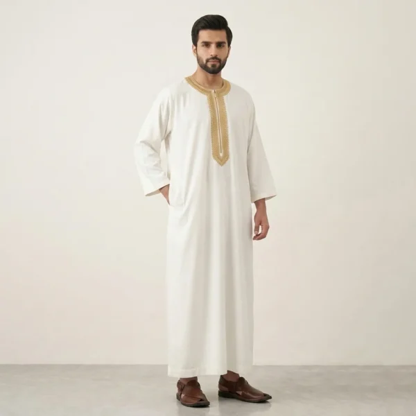 Traditional Embroidered White and Gold Moroccan Thobe USA Traditional Embroidered White and Gold Moroccan Thobe USA