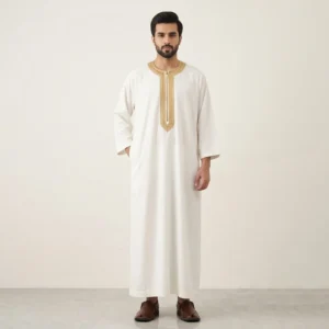 Traditional Embroidered White and Gold Moroccan Thobe USA