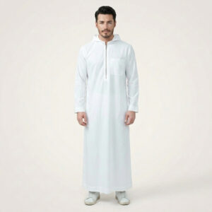 Traditional-White-Mens-Hooded-Thobe-with-Chest-Pocket.jpg Traditional White Men's Hooded Thobe with Chest Pocket