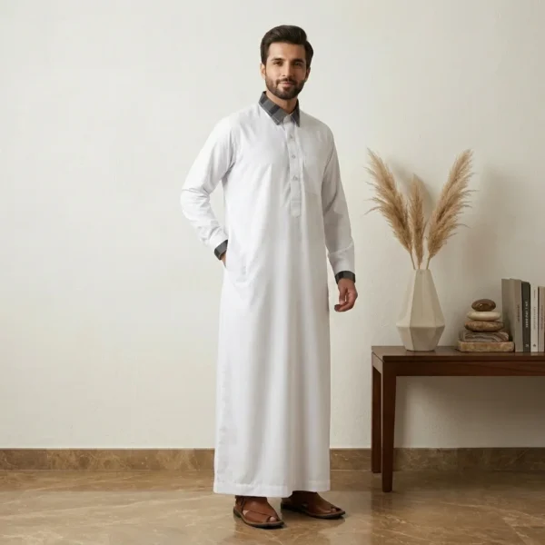 White Modern Kuwaiti Designer Thobe for Men USA White Modern Kuwaiti Designer Thobe for Men