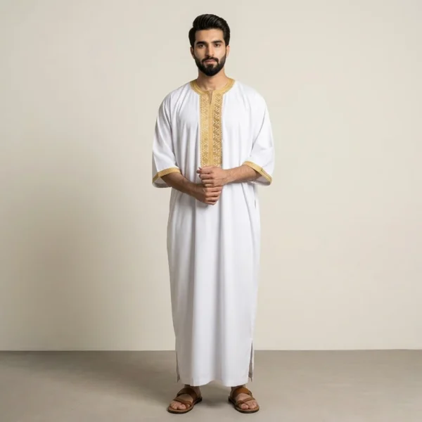 White and Gold Classic Moroccan Thobe USA