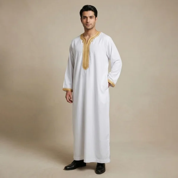 White and Gold Embroidered Moroccan Thobe USA White and Gold Embroidered Moroccan Thobe USA