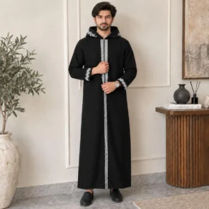Black Woolen Embroidered Men’s Hooded Djellaba USA