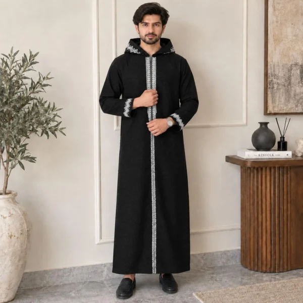 Black Woolen Embroidered Men’s Hooded Djellaba USA