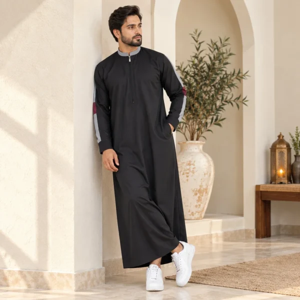 Black and Grey Panel Sporty Zipper Emarati Thobe