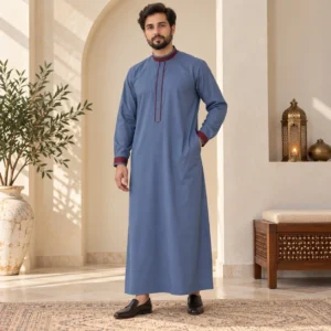 Blue Omani Thobe with Maroon Contrast Detailing USA